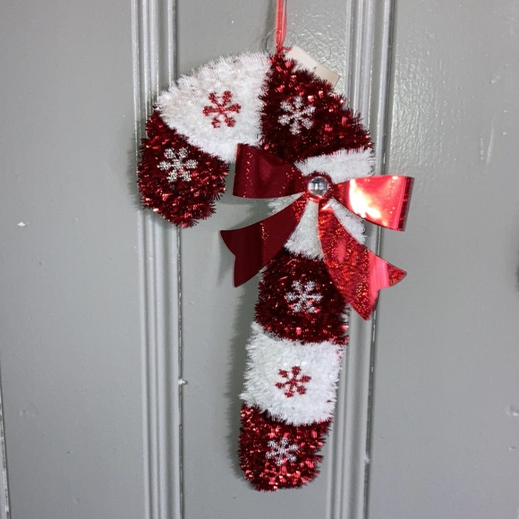NWT Set of 2- Red & White Tinsel Candy Cane Bedazzled ❄️ Holiday Decorations - Picture 3 of 8